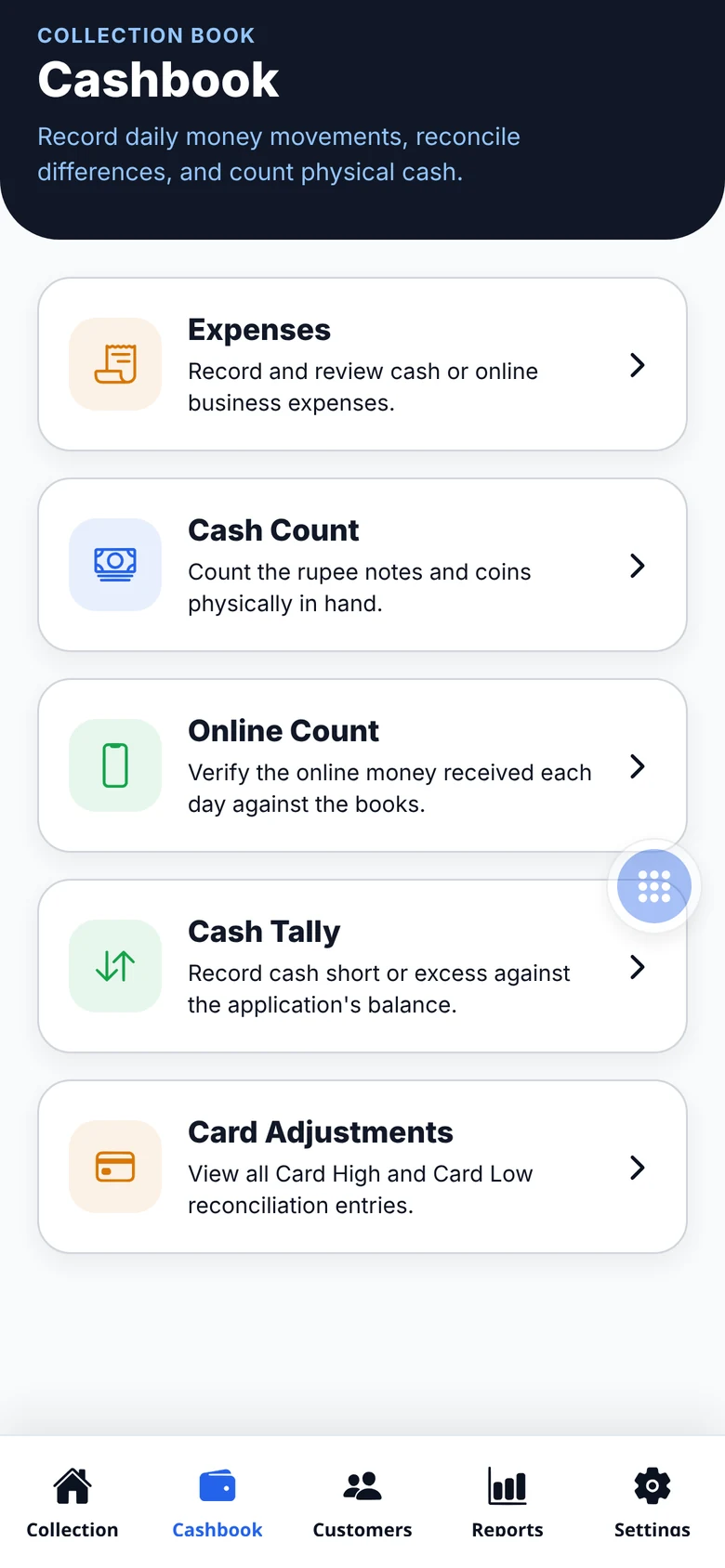 Cashbook screen in the mobile app