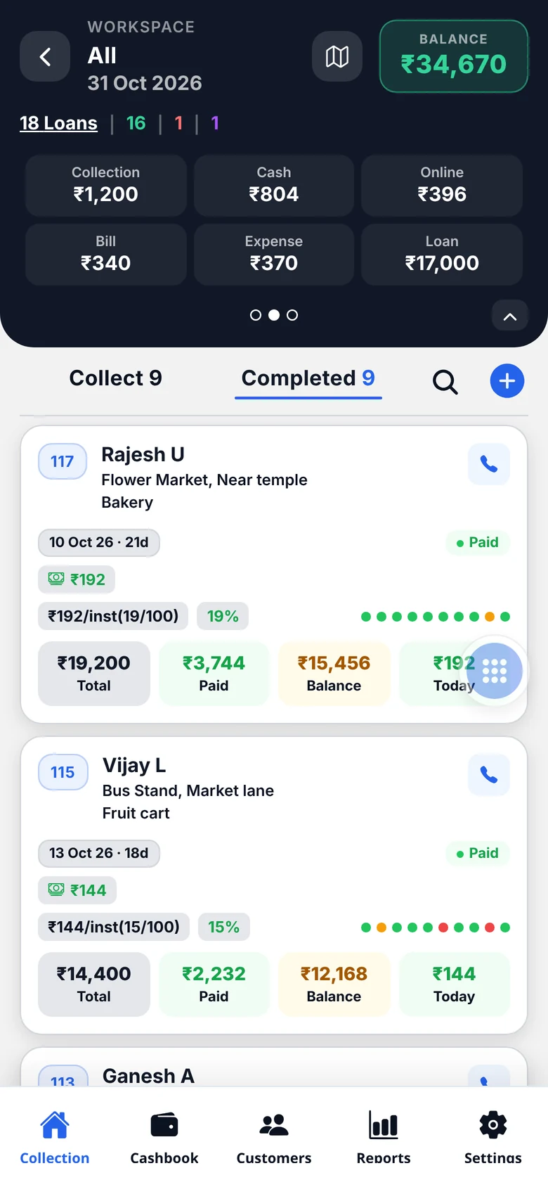 Completed collections with payment history dots