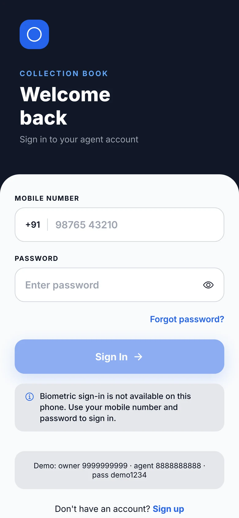 CollectionBook sign-in screen