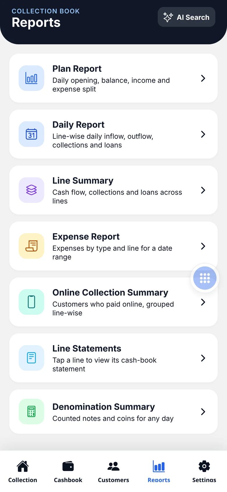 Reports menu in the mobile app